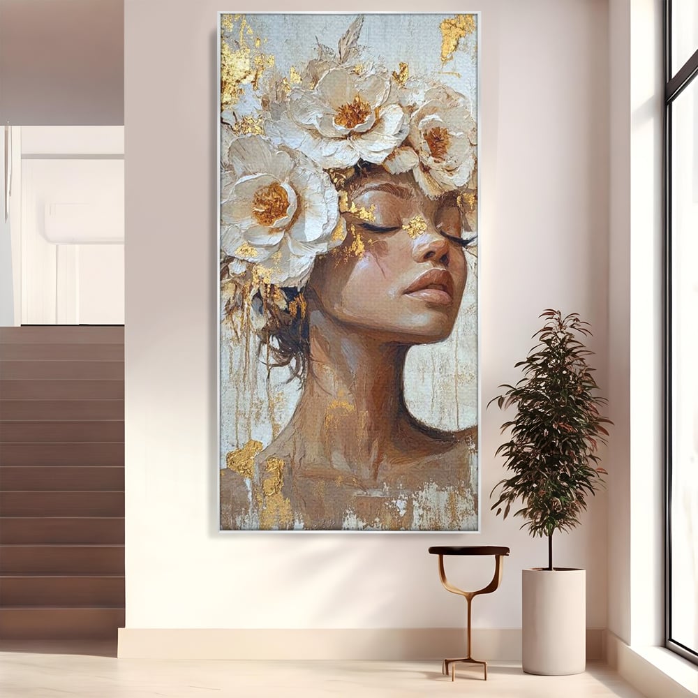 Tablou canvas cu tablou canvas cu portretul unei femei, in rama de aluminiu argintiu